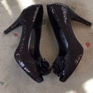 White House Black Market Black Sequin Heels SZ9